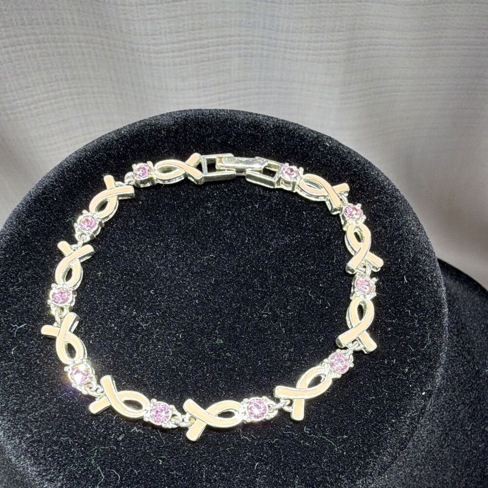 Vtg Avon Pink Ribbon Breast Cancer Awareness Hugs & Kisses XO Tennis Bracelet 7"